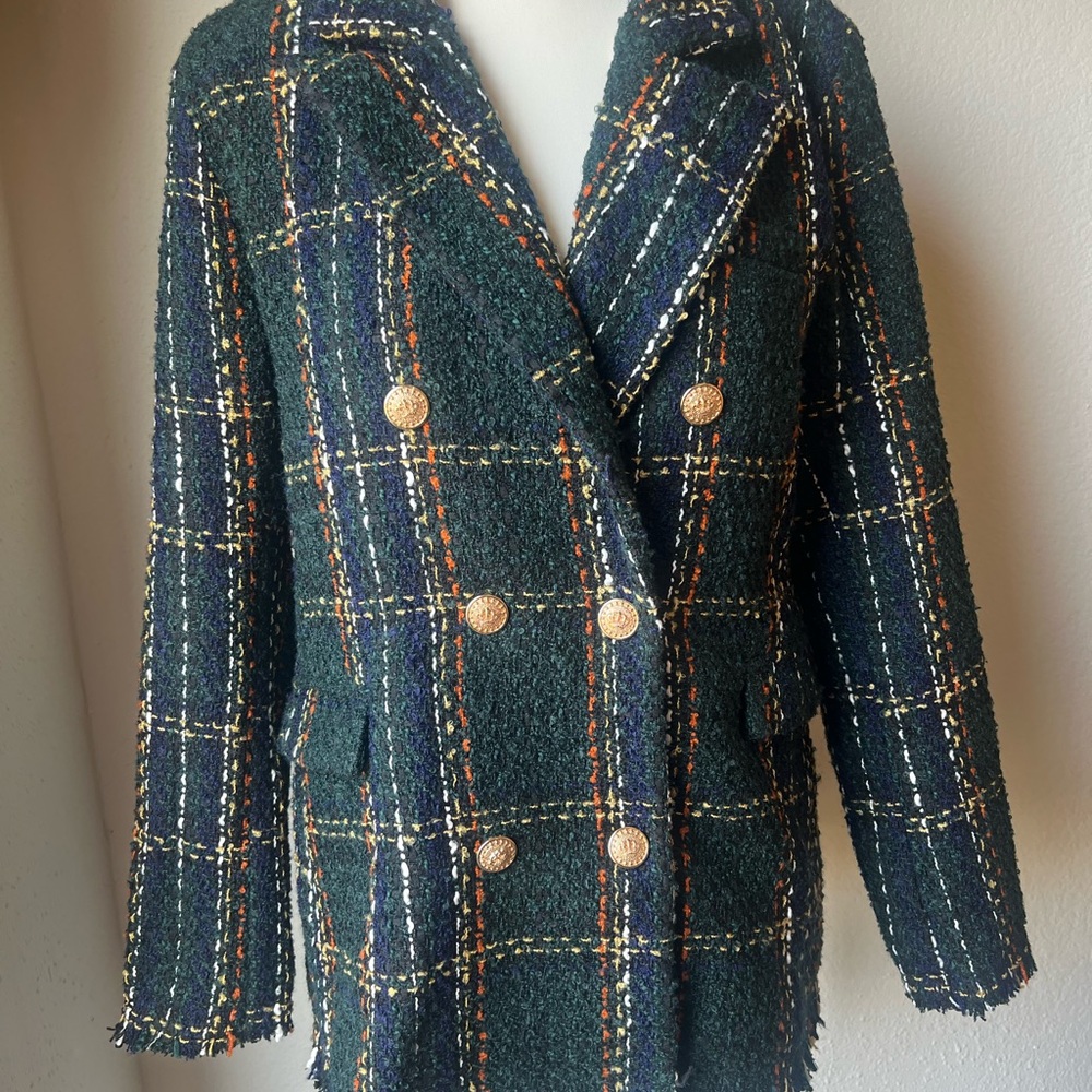 Blank NYC Green and Blue Plaid Blazer